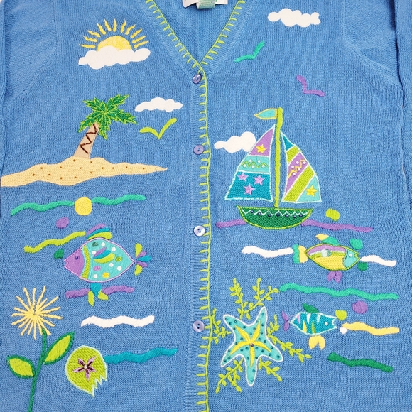 The Quacker Factory Blue Cardigan Seaside Size M - Picture 2 of 9
